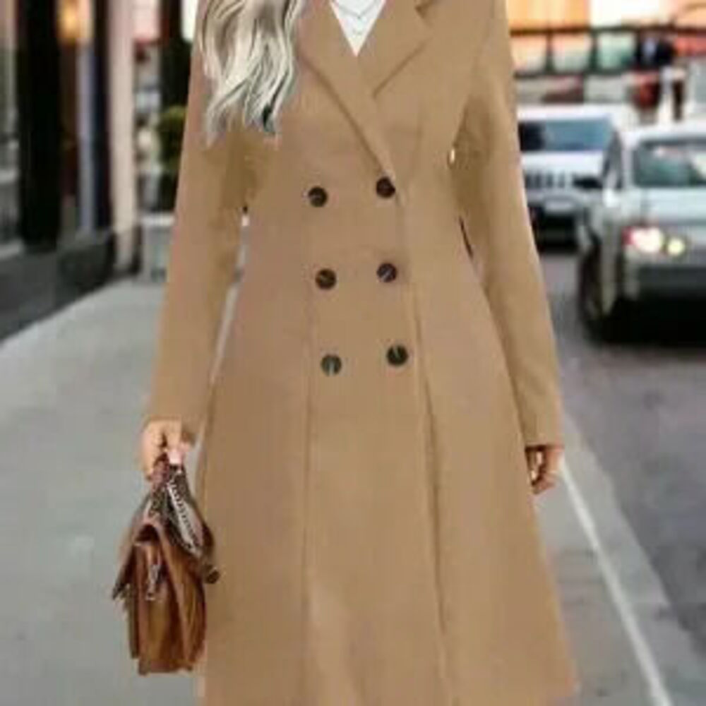 Khaki Elegant Women's Lapel Double Breasted Overcoat - Picture 3 of 3